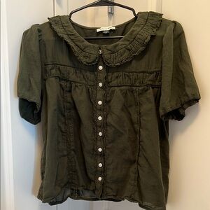 American Eagle Dark Green Ruffle Collar Blouse